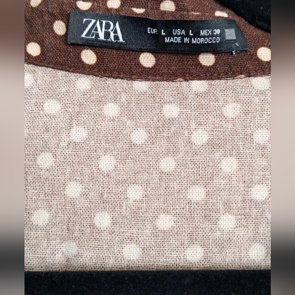 Zara Brown White Button Down Linen Blend Polka Dot Dress Size L Missing Belt - Picture 9 of 11